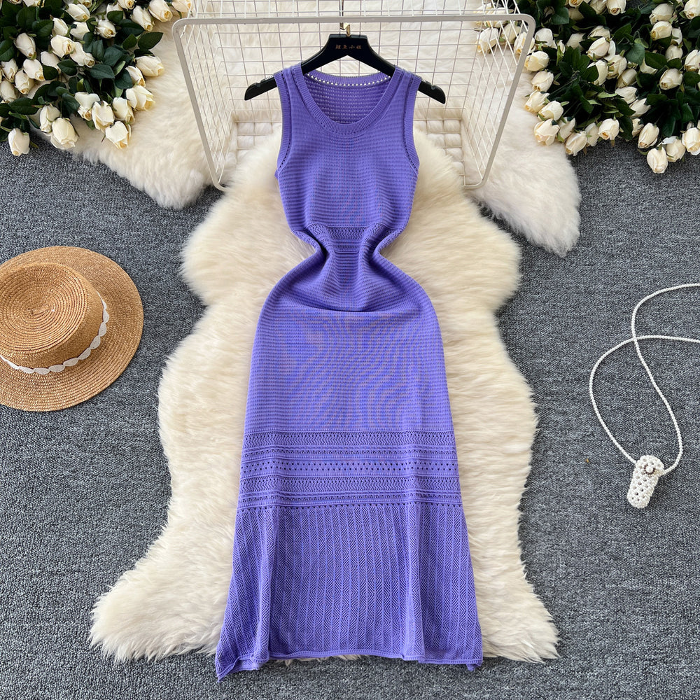 Elegant women's dress 2024 new arrival: high-end, slim-fit, sleeveless, round neck, hollow-out knit vest dress - long length