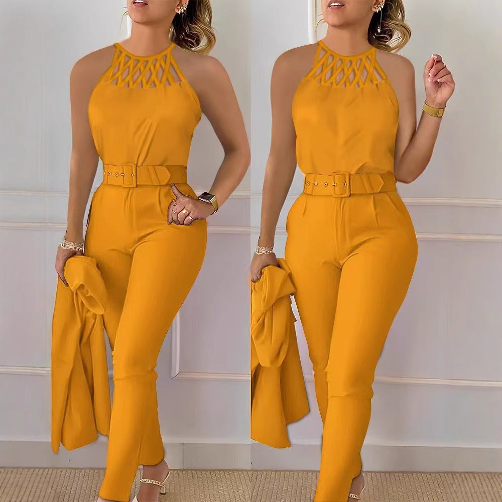 european and american cross-border women's fashion solid color criss-cross strap top and slim-fit casual pants two-piece set