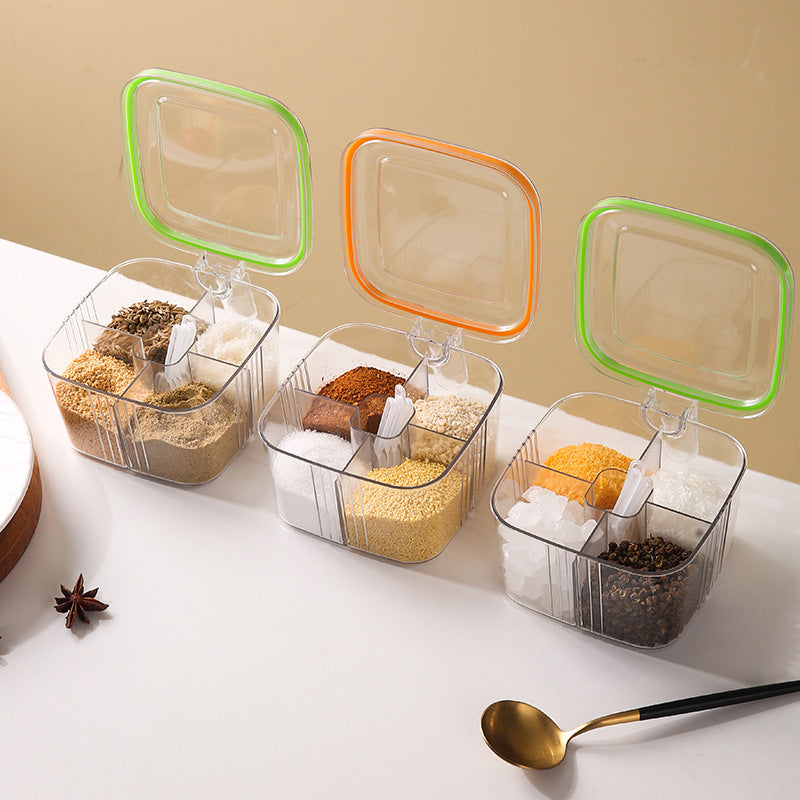 Transparent four-compartment spice box with spoons, creative flip-top kitchen seasoning container, plastic airtight jar, household seasoning bottle set