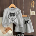 Korean style loose fit slimming heart print bowknot long sleeve sweatshirt set - women's spring/autumn sweet & cute two-piece outfit