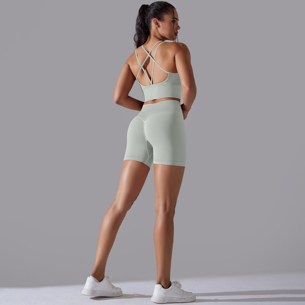 fashion seamless knittingpure color beautiful back high elastic tight yoga suit running fitness suit two-piece set for women
