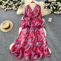 French retro v-neck lantern sleeve cinched waist dress -  new fashionable, elegant, slimming, and chic printed maxi dress
