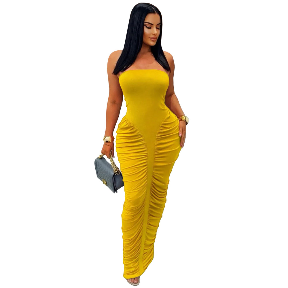 C7669 cross-border   fashion women's sexy bandeau solid color bodycon pleated dress