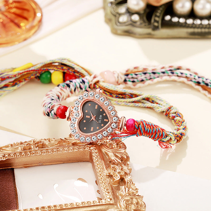 New arrivalaccessible luxury ethnic style heart-shaped quartz watch pull-out braided strap women's bracelet watch women's watch wholesale