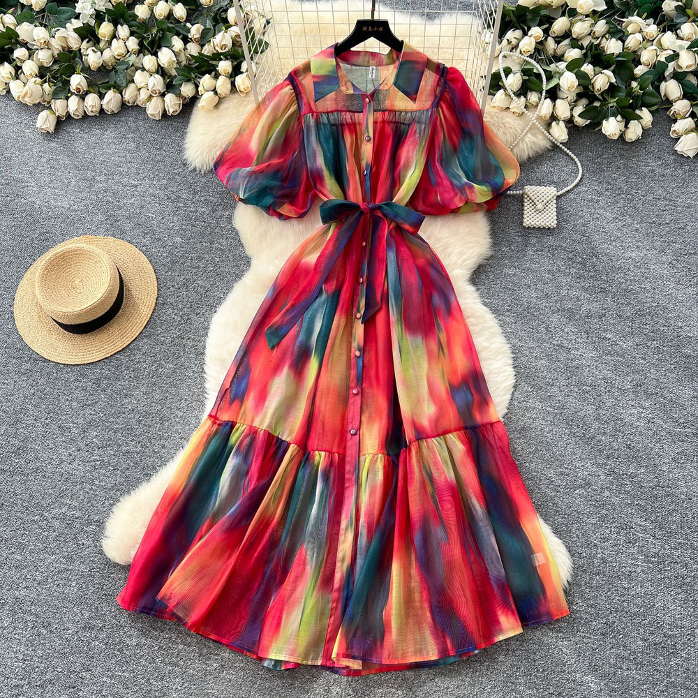 Palace style niche styleclassy puff sleeve shirt dress female french strap waist printing large swing long skirt