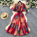 Palace style niche styleclassy puff sleeve shirt dress female french strap waist printing large swing long skirt