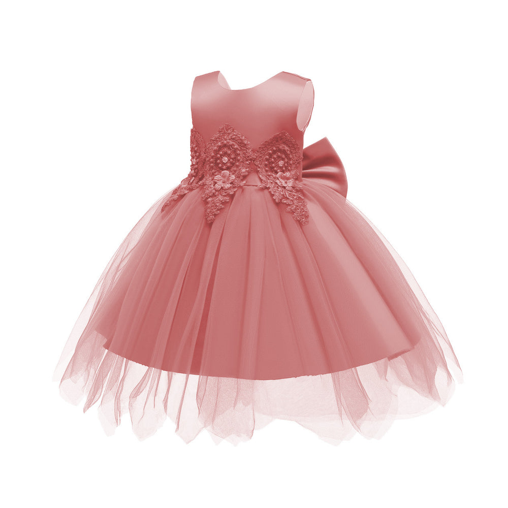 Wholesale foreign trade children's wear: embroidered princess dress for girls, asymmetrical mesh dress with large bow