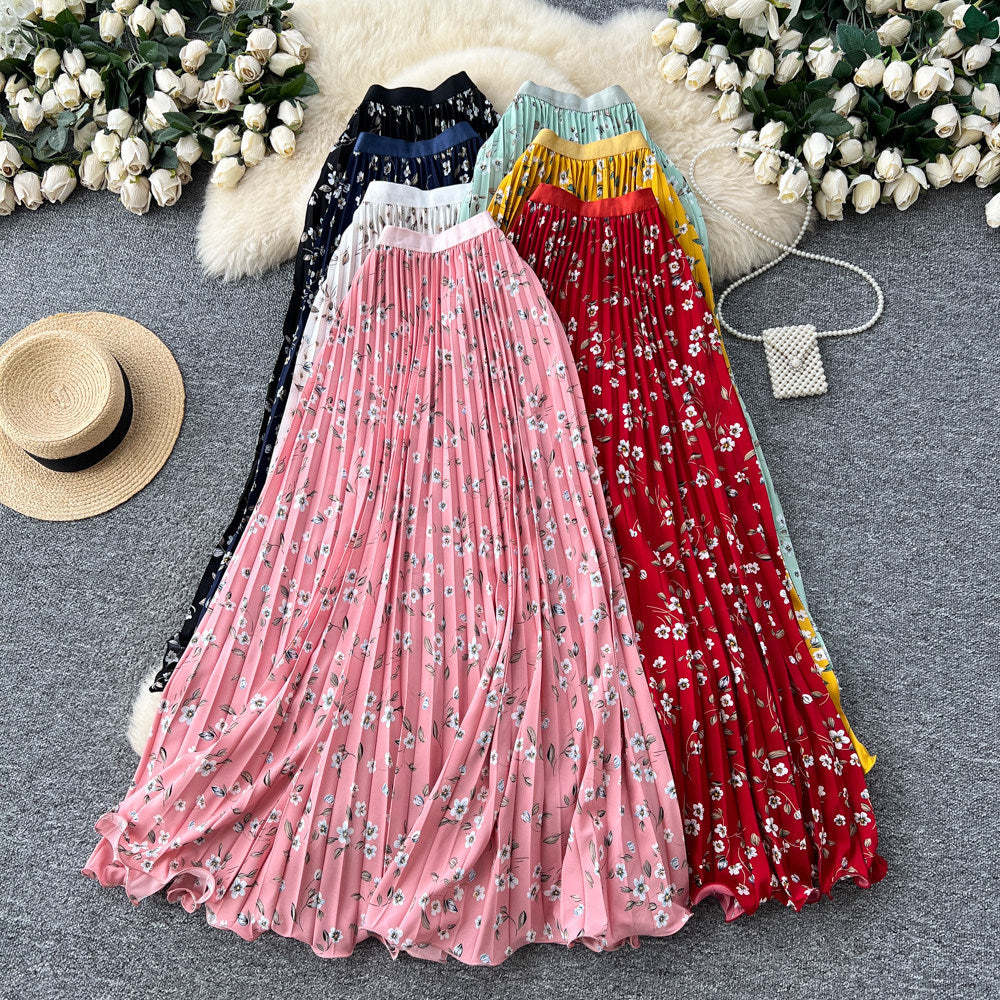 K-style floral high waist elastic waist a-line pleated skirt women's spring summer mid-length skirt slimming look large swing work clothing skirt