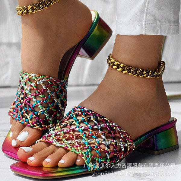 LZT8261   large-size slippers new European and American color woven thick-heeled shoes