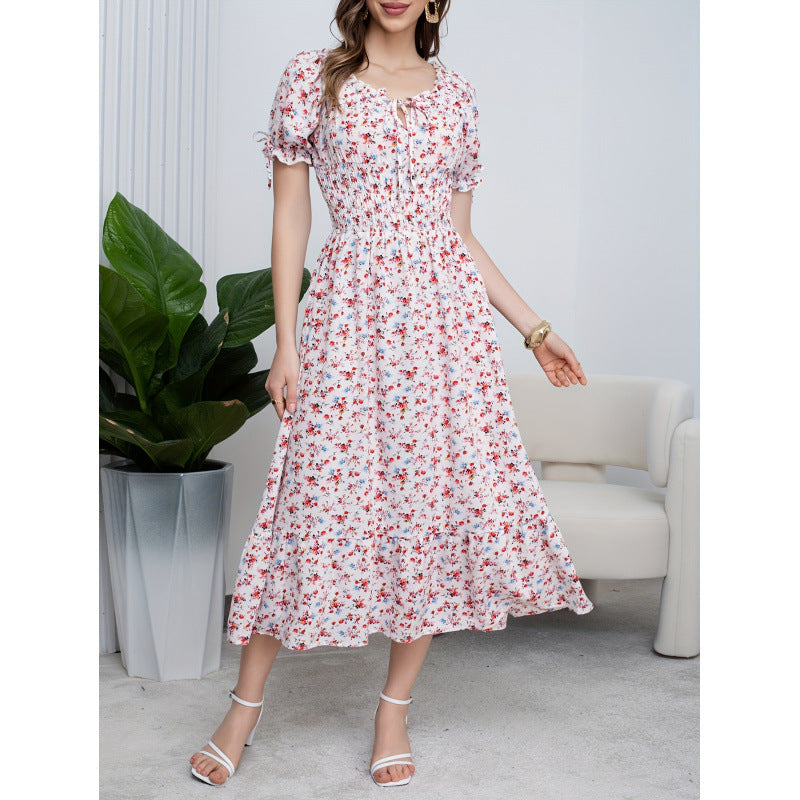 listing: new  women's original elegant ruffle tie-back printed dress