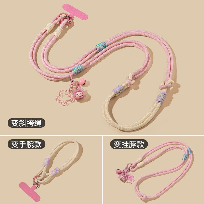 K-style detachable cross-body halter wrist three-purpose mobile phone lanyard woven patchwork strong anti-lost rope cartoon pendant