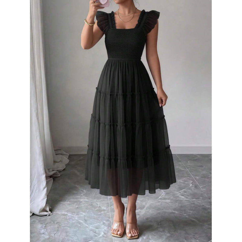 fashion  summer new arrival flying sleeve ruched ruffles vacation elegant mesh dress