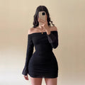 European and american cross-border women's fashion  spring new arrival: solid color flared long sleeve bandeau off-the-shoulder bodycon sexy dress