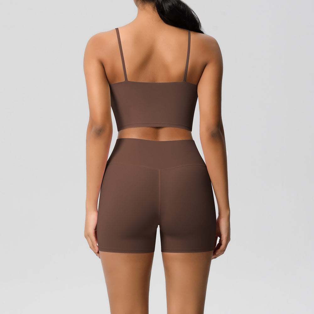 New arrival: cross-border brushed solid color racerback compression breathable yoga set - women's activewear running & fitness shorts set