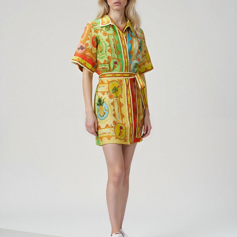 cross-border e-commerce european and american women's clothing: new summer collection - fashionable plant print, collared, tie-waist mini dress
