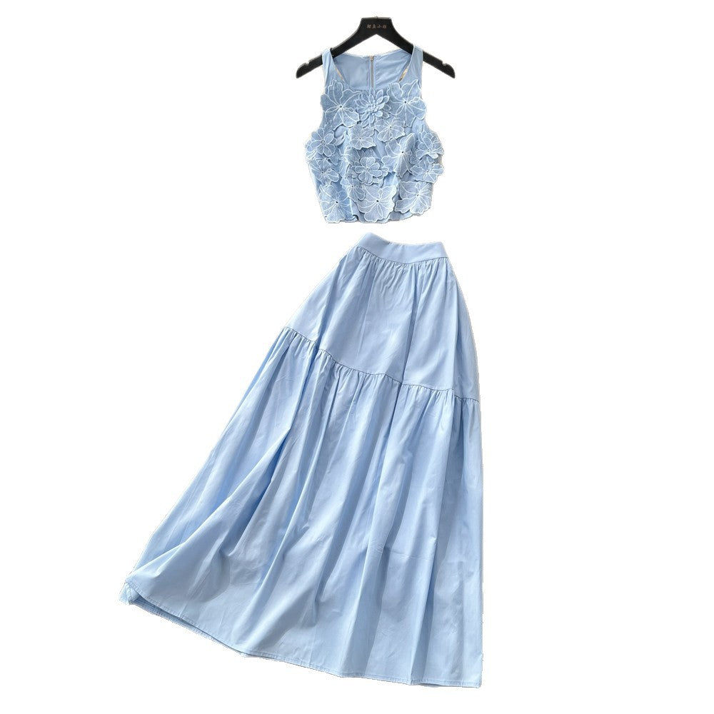 French sweet style blue vest high-waisted tiered skirt two-piece set - women's summer commute chic slimming elegant outfit