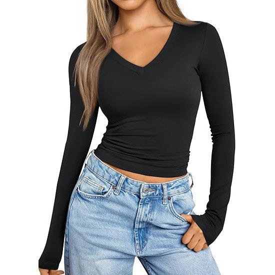 european and american style v-neck slim-fit long sleeve t-shirt - women's inner layering top - figure-hugging milk silk base layer