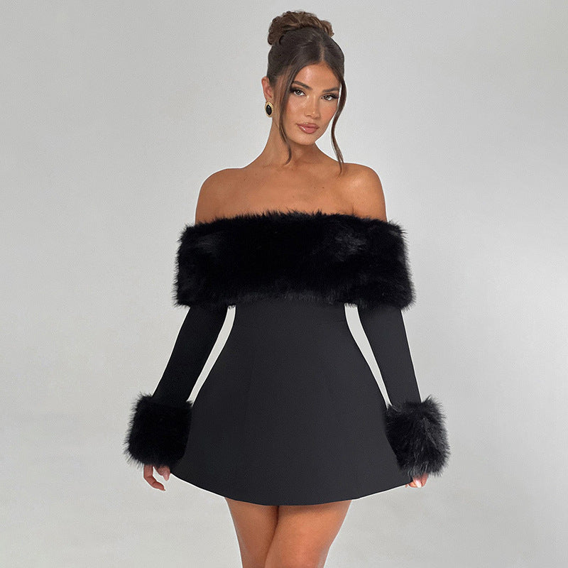 European and american  fall/winter new arrival: cross-border women's fashionable, elegant, and sexy shearling collar off-the-shoulder slim-fit a-line dress