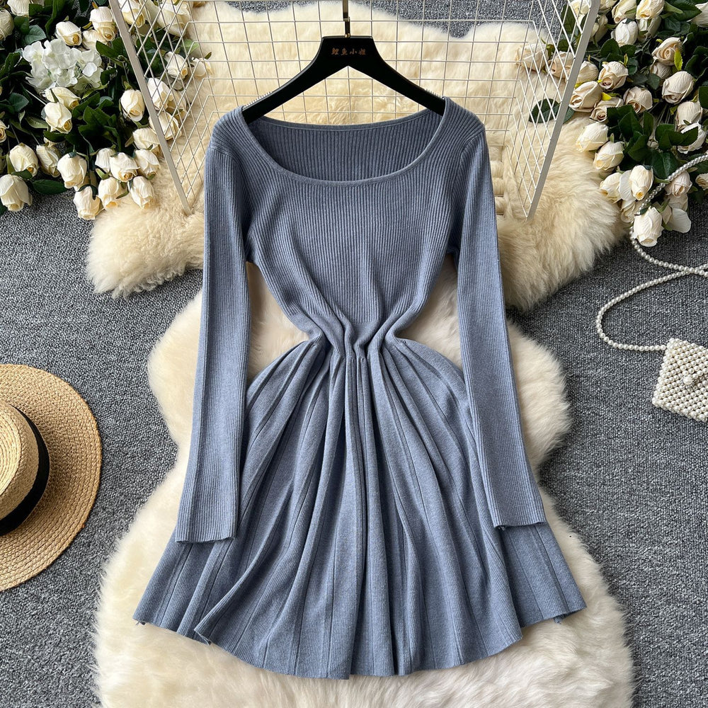 Frenchniche stylesense of design square collar long sleevesknittingdress female inner wear bottom waist slimming lookpleatedsweater skirt