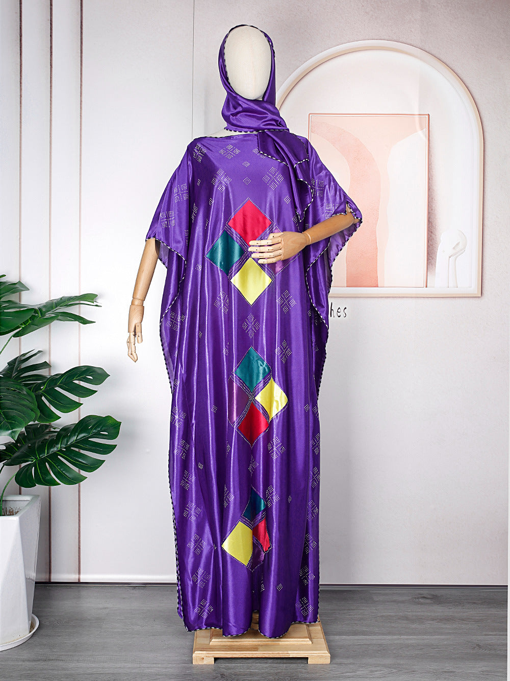 Plus size african robe dress with rhinestone embellishments and headscarf - cross-border supply for
