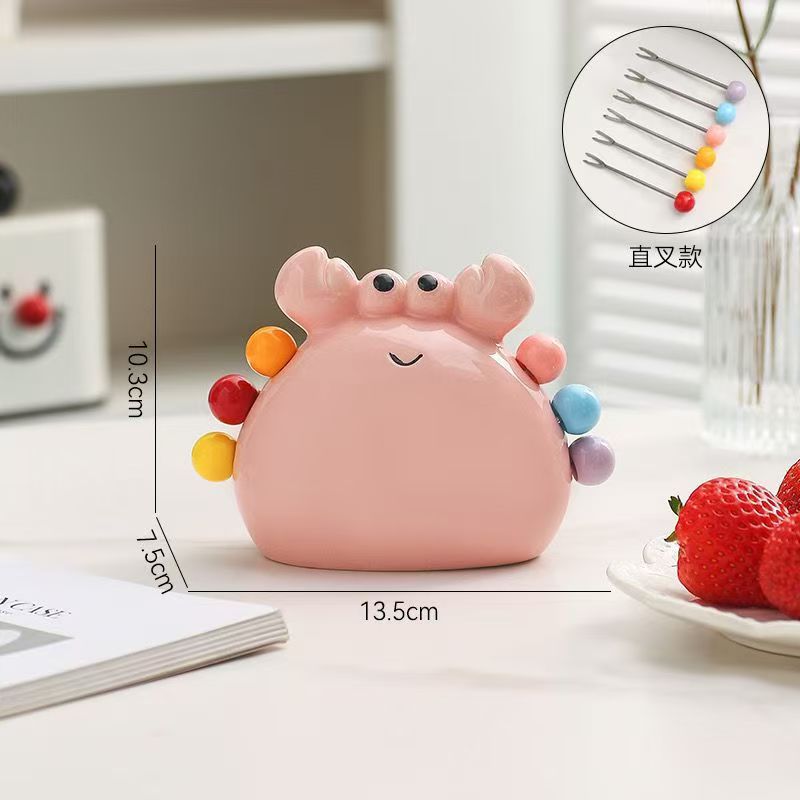 Crab stainless steel fruit fork set - stylish, safe ceramic forks for kids, dessert picks with storage jar - perfect for home use
