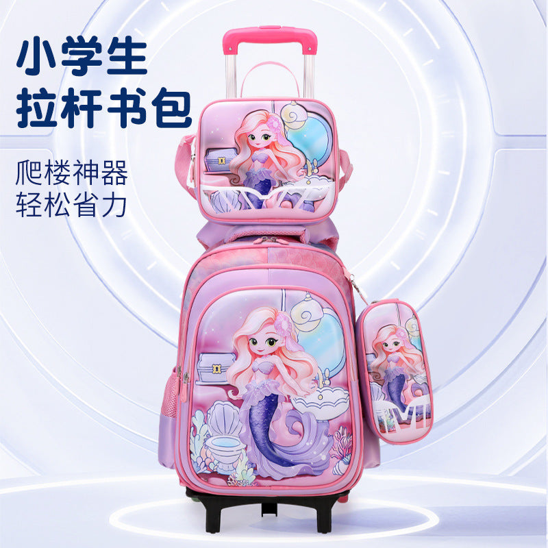 New arrival concave and convex leather primary school student pull rod school bag for grades 3 to 6 kids cartoon three-piece set backpack in stock