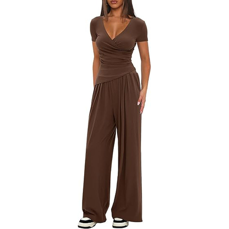 Amazon cross-border pure color 2-piece casualsuit warp knitted v neck short-sleeved loose pantscasualmatching sports suit