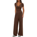 Amazon cross-border pure color 2-piece casualsuit warp knitted v neck short-sleeved loose pantscasualmatching sports suit