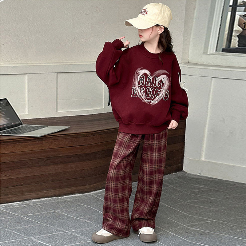 Girls' spring/autumn  new red hoodie and chic casual plaid pants set - loose-fit top two-piece outfit for girls