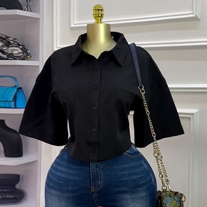 European and american cross-border women's fashion:  autumn new arrivals - stylish and chic polo shirt, solid color five-sleeve cropped blouse