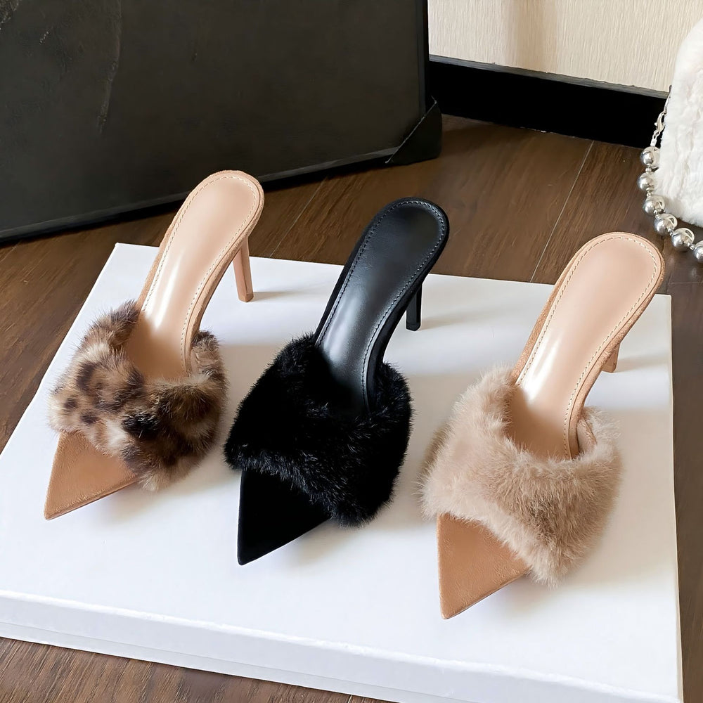 2026 fall/winter new collection: non-slip, fuzzy-lined high-heeled slippers. pointed-toe, stiletto heel, comfortable, versatile, and stylish premium women's footwear