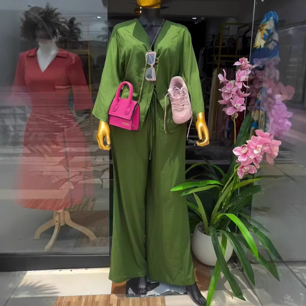 European and american cross-border women's fashion:  summer new arrivals - trendy tie-up, loose-fit plus size shirt and wide-leg pants casual set