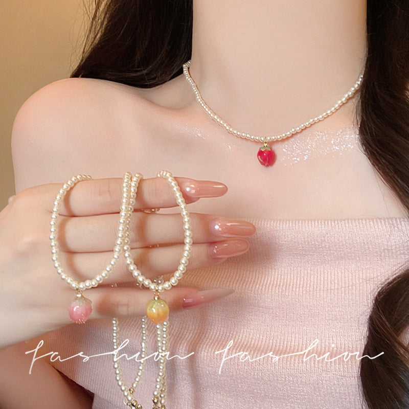 Peach blossom beaded necklace for women, 2026 new arrival, unique design, dopamine dress accessory, choker necklace