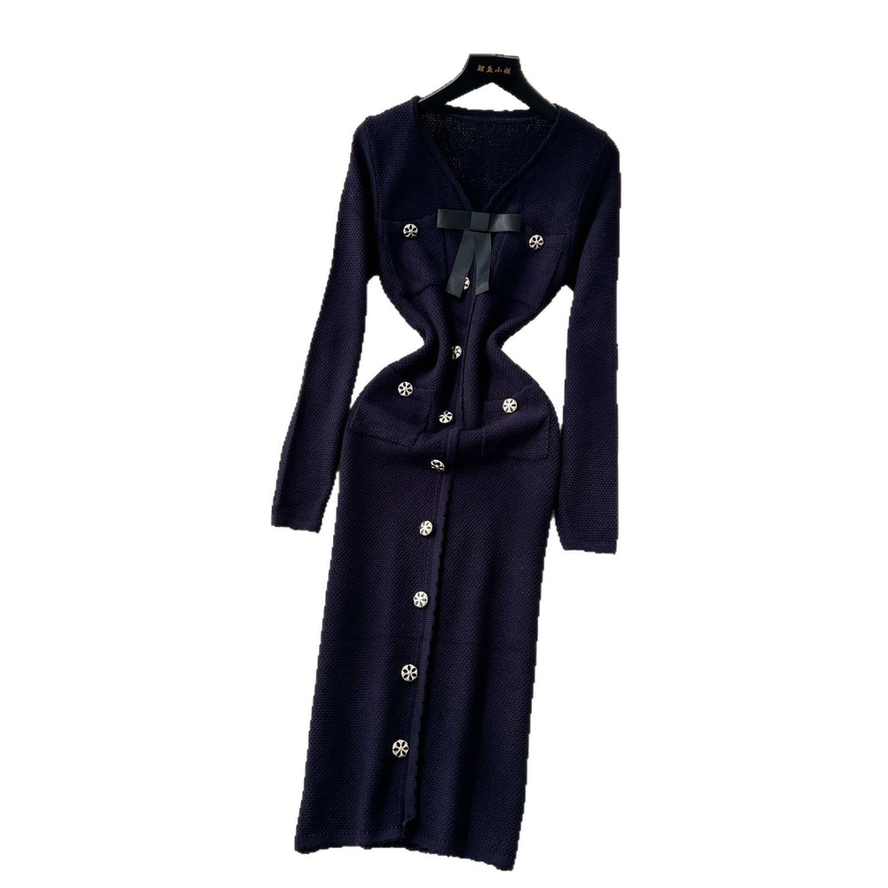 French chic chanel-inspired knit dress with bow and metal buckle detail - autumn layering sweater dress