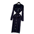French chic chanel-inspired knit dress with bow and metal buckle detail - autumn layering sweater dress