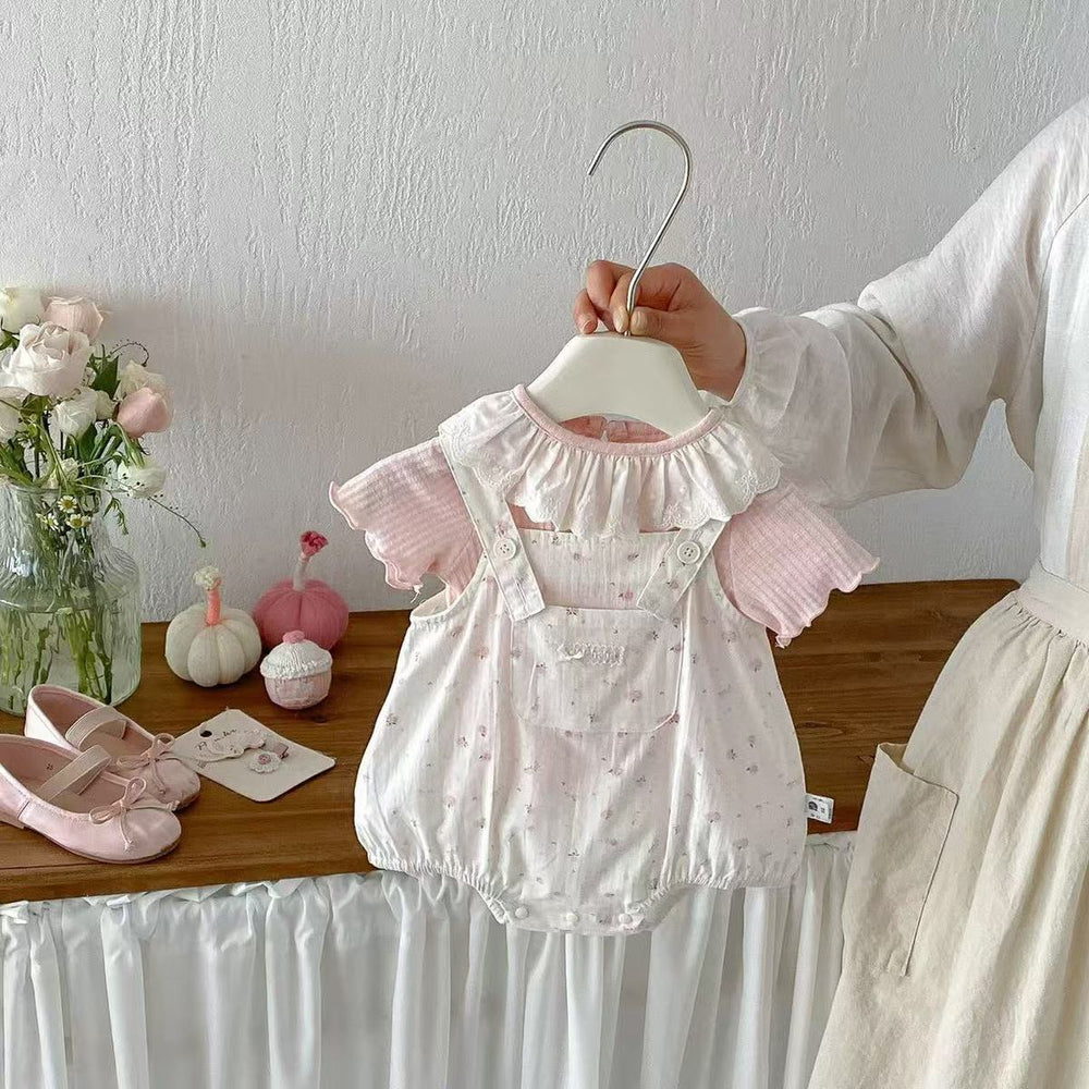 Summernew arrivalgirl short-sleeved baby suitsweet bag butt two-piece setk-style floral strap bag butt skirt suit