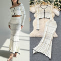 Autumk-styleelegantcontrast colorround neckshortknittingcardiganfishtail skirtcut outcrochetknittingtwo-piece set