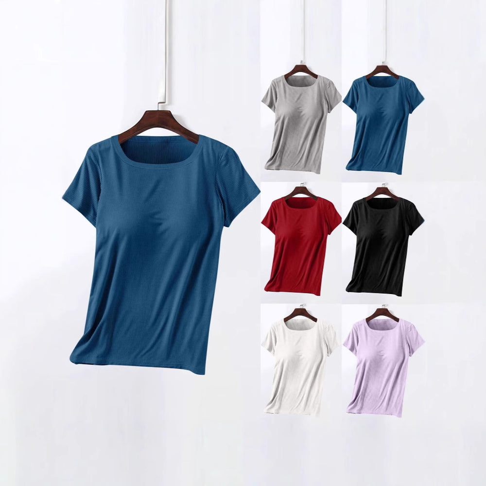 cross-border women's fashion solid color padded bralette top - versatile layering, loungewear, and everyday wear - crew neck short sleeve tank top