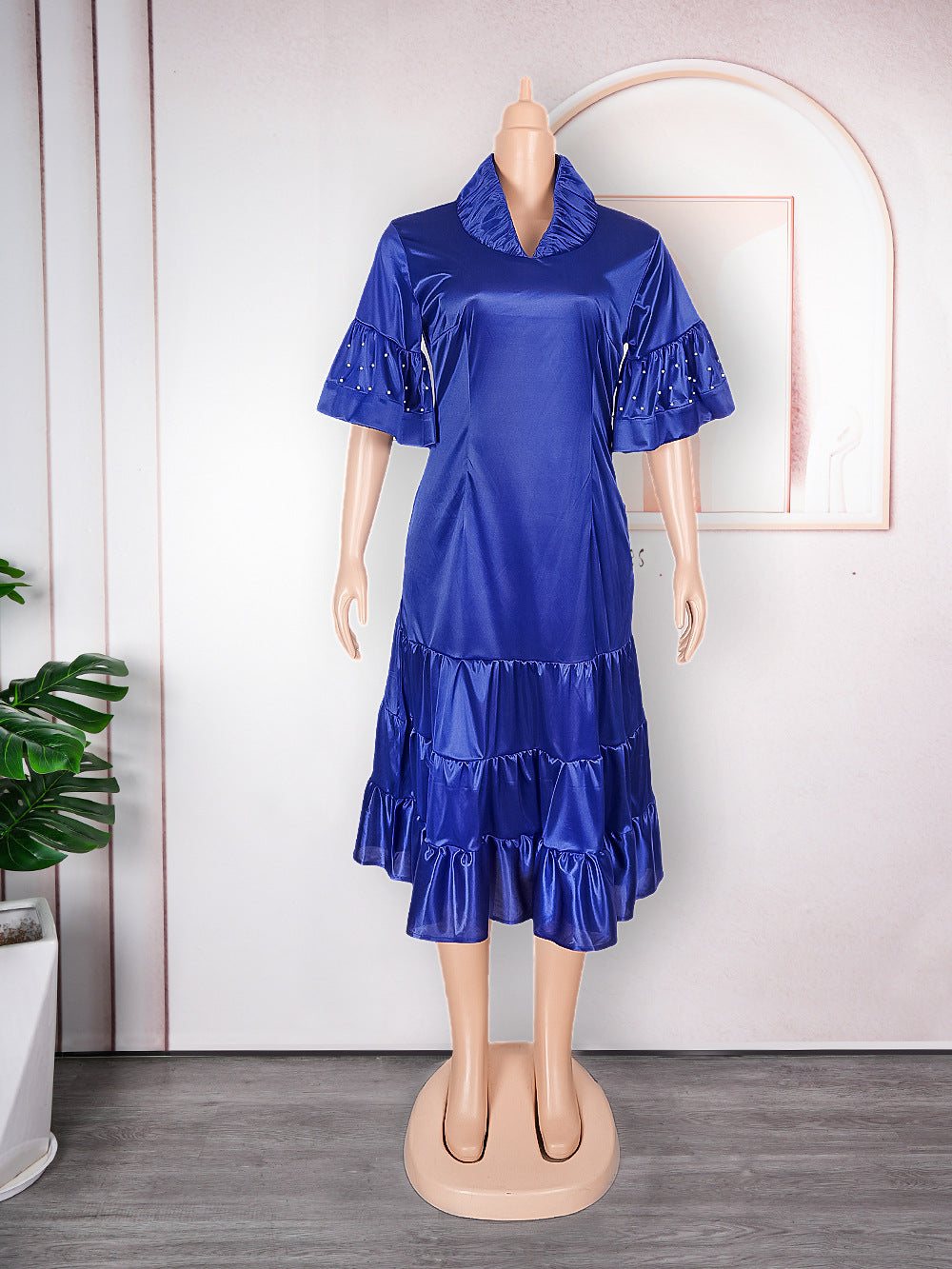 Aliexpress  new european and american cross-border trade african women's plus size five-sleeve pleated ruffle hem dress