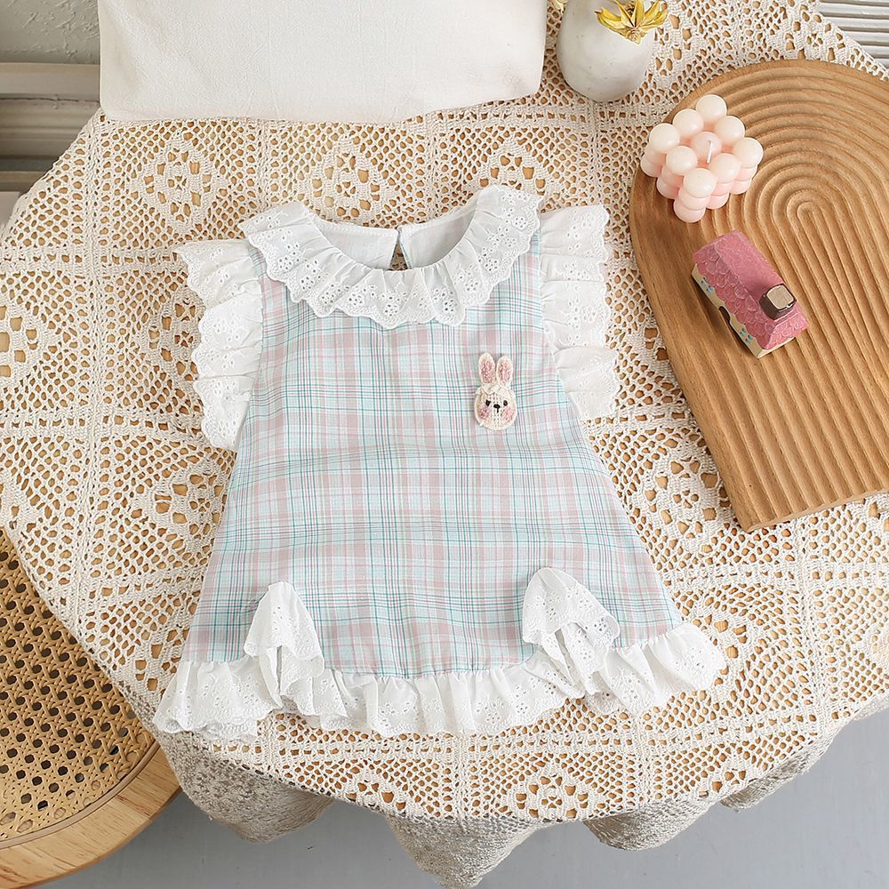 summer newborn infant cute french lace trimmed blue plaid bunny romper - perfect for outings and tummy time