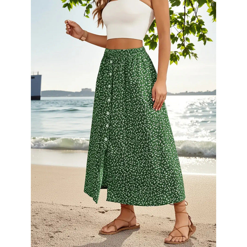 Shipped:  new cross-border european and american printed dress, button-down tie-up maxi skirt, summer country a-line skirt, midi skirt