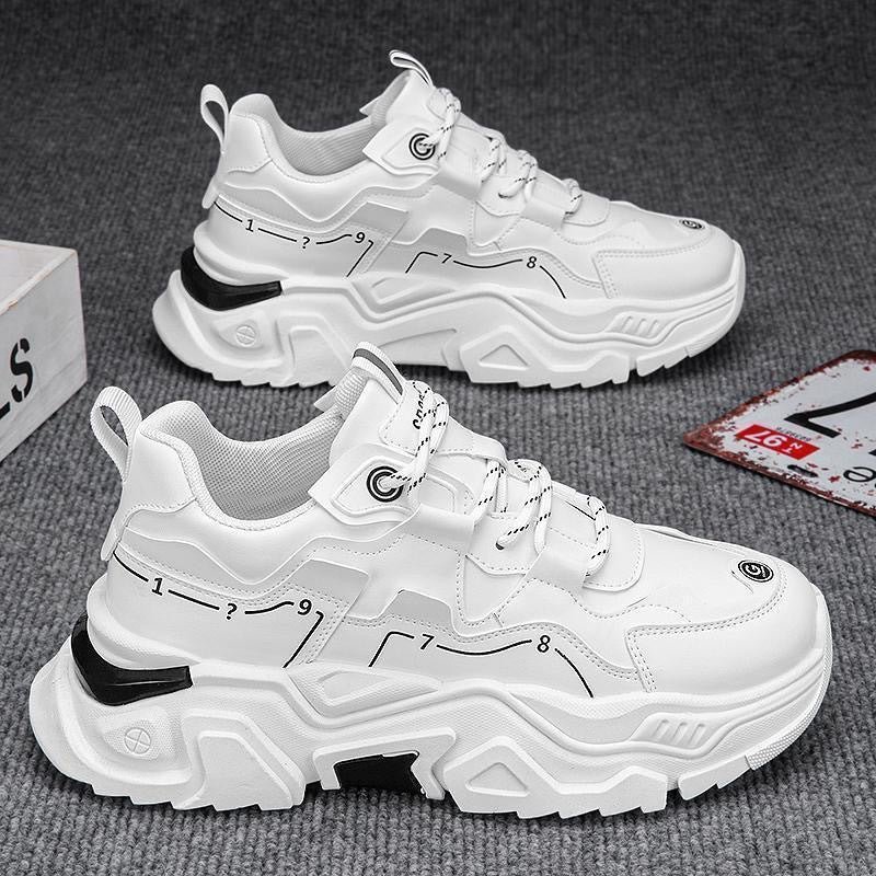 Men's winter 2025 new arrival: popular mid-top sneakers for middle school students - athletic, running, soft sole, height increasing, youth style, white, dad shoes, trendy footwear