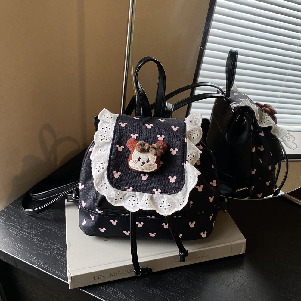 Sweet and cute fashion flip-top backpack for female students, new autumn and winter lace schoolbag, cartoon girl backpack