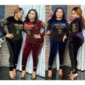 Amazon cross-border fashion casual set: beaded and rhinestone embellished african velvet long-sleeve t-shirt and slim-fit pants