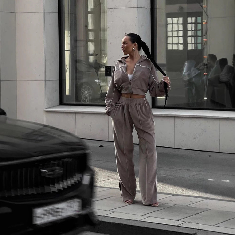 European and American  fashion sports suit women's street style long-sleeved cardigan trousers two-piece casual jacket set