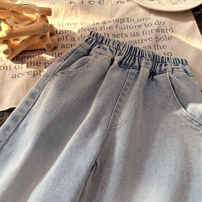 Spring new korean style girls' lace bow denim pants, fashionable and stylish children's trousers, trendy kids' clothing