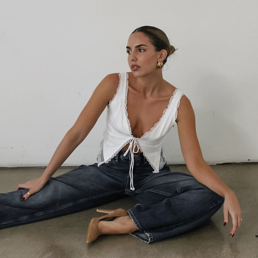 sexy white lace suspender vest women's summer fashion V-neck cardigan vest niche women's clothing