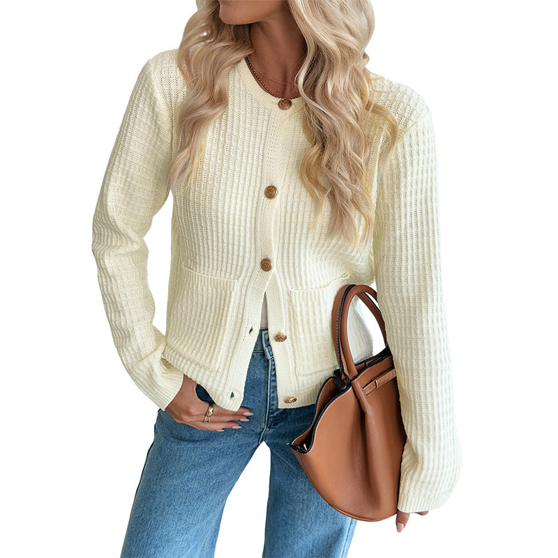 Europe, America and  2025 new autumn and winter  leisure Korean style metal button cardigan solid color sweater jacket women