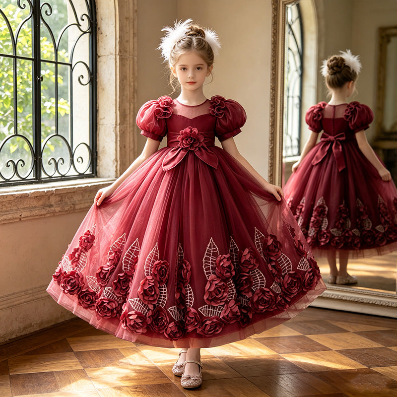 Girls' formal dress - long, puff sleeve, flower girl wedding dress, tulle, piano recital performance dress - in stock & wholesale
