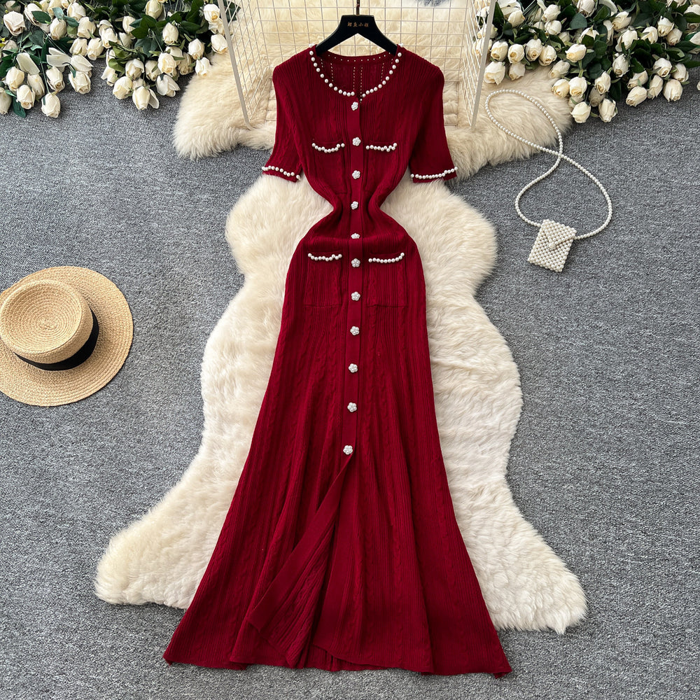 French chic single-breasted knit dress - women's summer short sleeve cutout slim fit elegant maxi dress